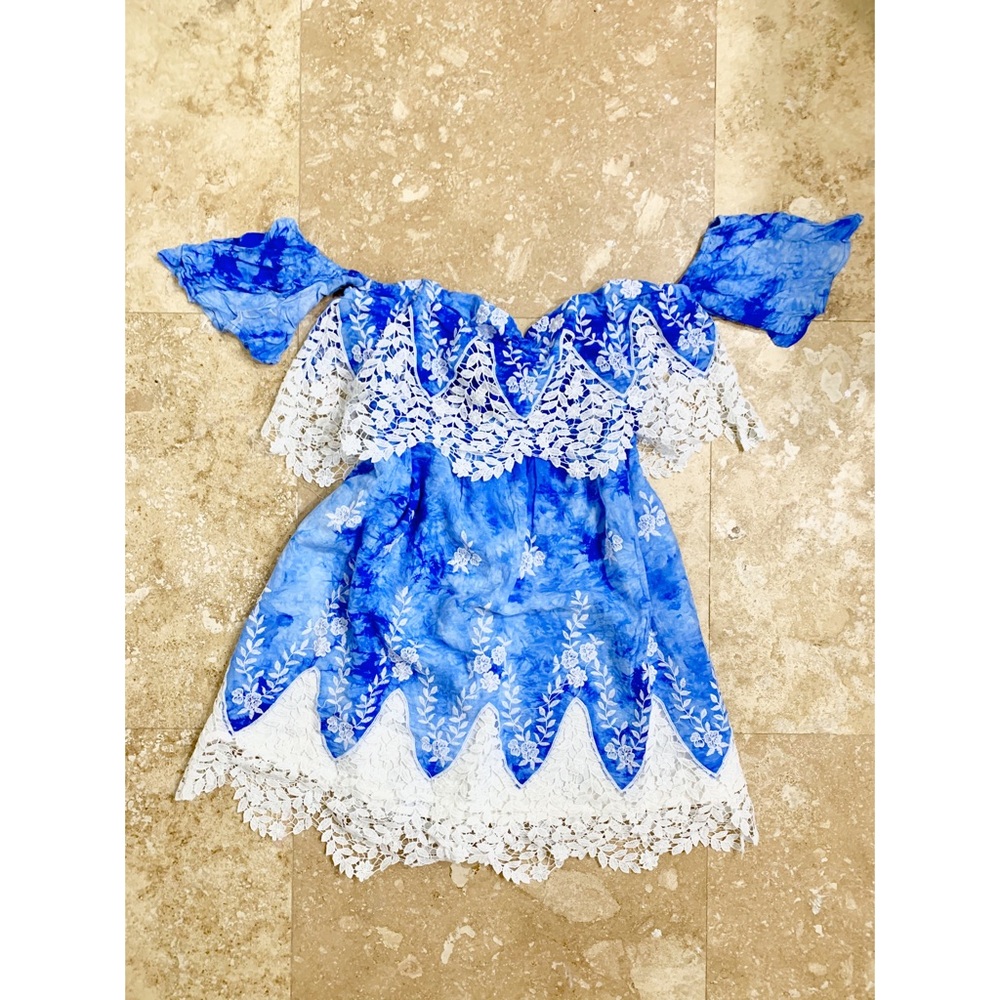 Choies Blue White Off Shoulder Lace Romper Large